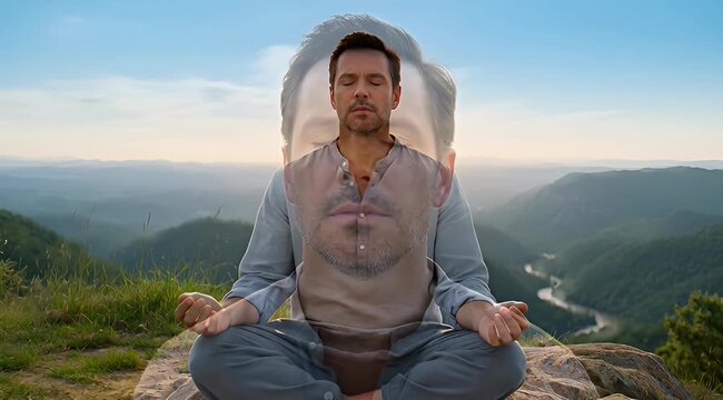 Man meditating in the lotus position on a mountaintop with superimposed imagery