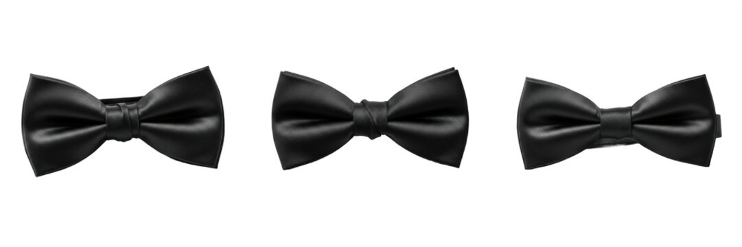 Elegant Black Satin Bow Tie Set Isolated on White Background, Three Angles of Classic Mens Formal Neckwear for Tuxedo Wedding and Gala Events, Silk Accessory PNG