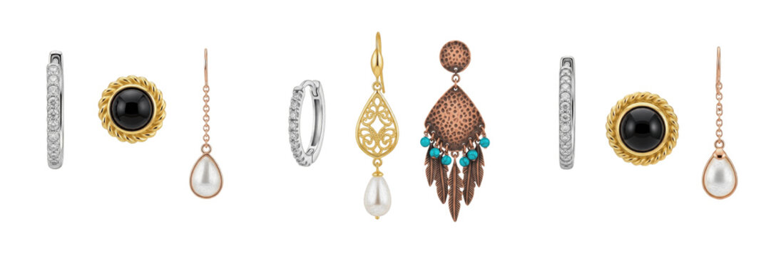 Luxury Jewelry Earring Collection Isolated on White, Gold Silver and Pearl Drop Earrings for Women, Elegant Fashion Accessories Set for Special Occasions PNG