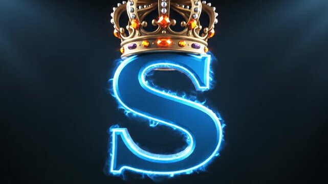 Golden crown with glowing blue letter S rising from dark clouds