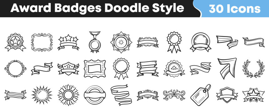 A versatile collection of hand-drawn doodle style award badges, ribbons, frames, laurels, and medals perfect for certificates, achievements, and decorative design elements.