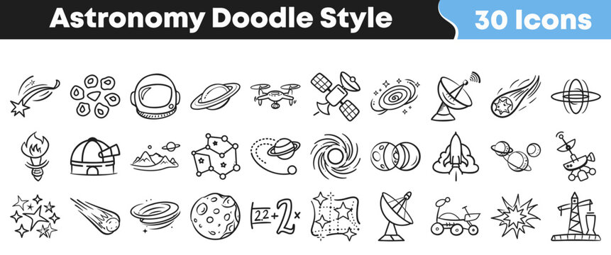 Collection of thirty hand drawn doodle style icons representing various astronomy and space exploration themes for creative projects.