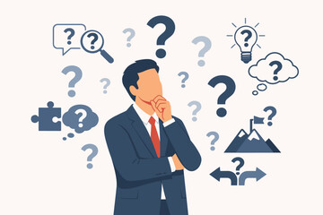 Professional Businessman Thinking with Question Marks and Idea Icons. Concept of Problem Solving, Decision Making, FAQ, Curiosity, and Finding Solutions in Business Strategy. Vector Illustration.