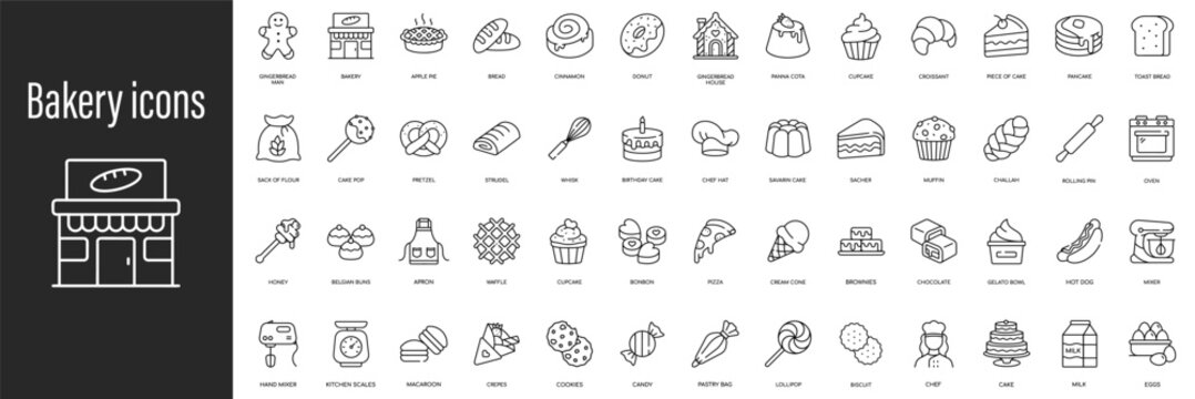 Bakery icon collection: bread, cake, pastry, dessert, cookie designs