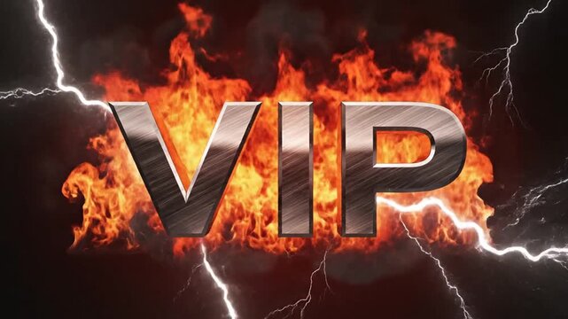 Metallic VIP text surrounded by fire and lightning bolts