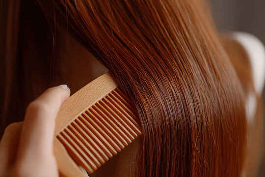 Long brown hair being brushed with a wooden comb in a simple indoor setting
