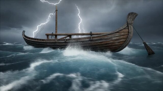Ancient wooden boat sailing in stormy sea with dark cloudy sky