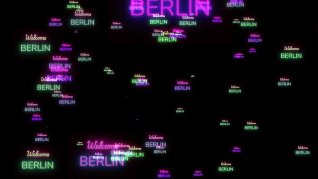 Multiple neon Welcome Berlin  signs float on a black background