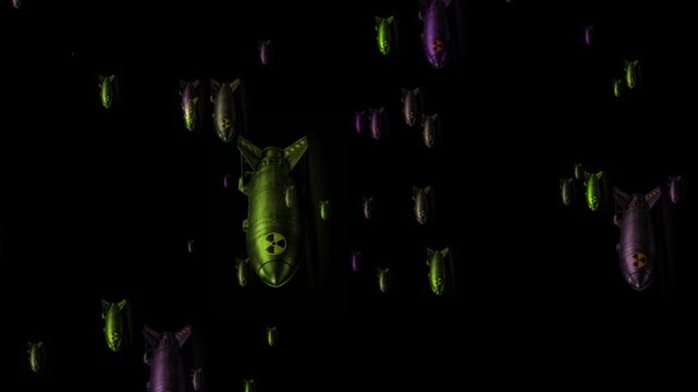 Dark cinematic scene of falling nuclear bombs marked with radiation symbols