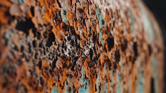 Close-up of weathered, textured surface with peeling paint, showing rust and oxidation