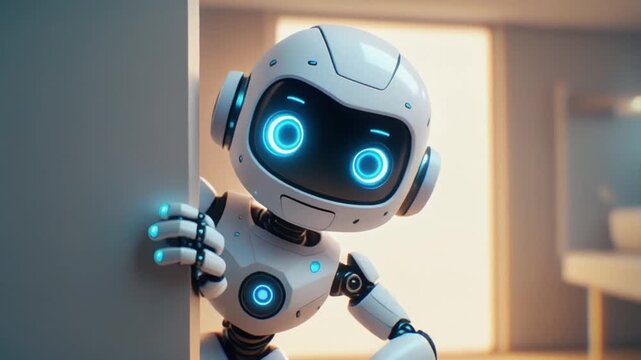 Robot peeking around wall in a modern home interior