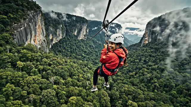 Person in a red jacket ziplining over a lush forest with rocky mountains in the background