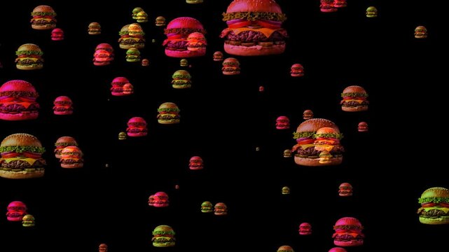 Multiple cheeseburgers float against a deep black background creating a surreal repeating pattern