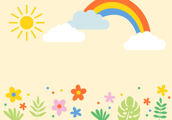 Obraz premium Rainbow and sun. Summer landscape. Nature Park with flowers, clouds,rainbow and sky