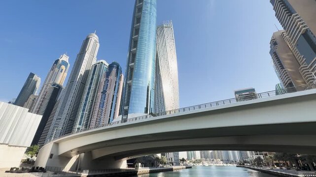 Pedestrian Bridge Amid Dubai Marina Skyscrapers in Dubai, United Arab Emirates