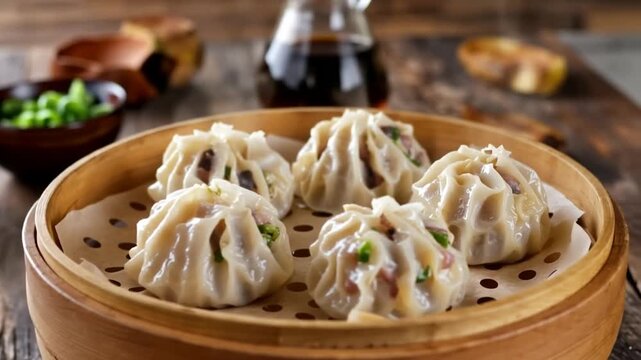 Steamed dumplings in a bamboo steamer on a wooden table with dipping sauce