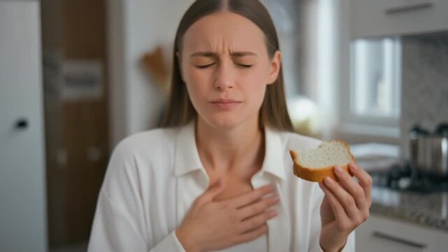 Woman having an allergic reaction to bread in the kitchen