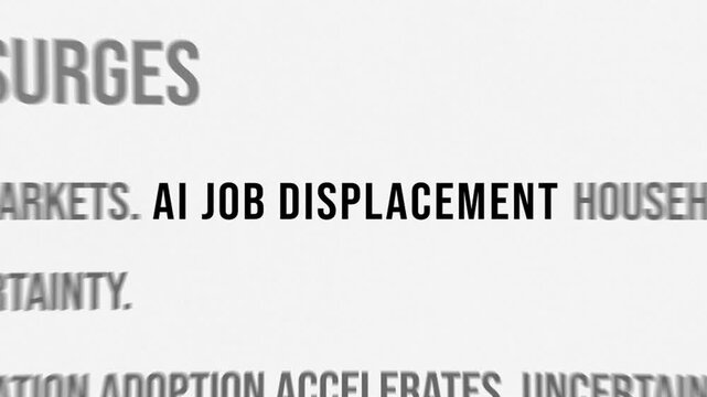 AI job displacement and workforce automation crisis headlines in dynamic animation with newspaper match cut typography effect showing mass unemployment and economic disruption alert