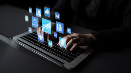 Obraz premium ERP icons show management, integration, and business process. ERP supports data management, ERP efficiency, and ERP organizational solutions. Entice