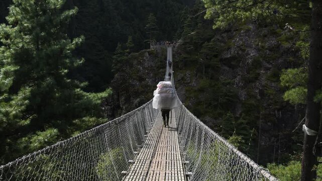 Porter crossing one of the iconic The Hillary Suspension Bridge in Himalayas