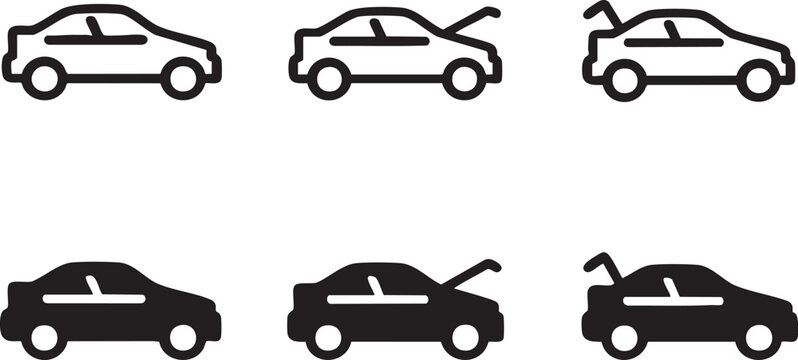 Set of car icons representing open hood and trunk for automotive services and repair concepts isolated on white