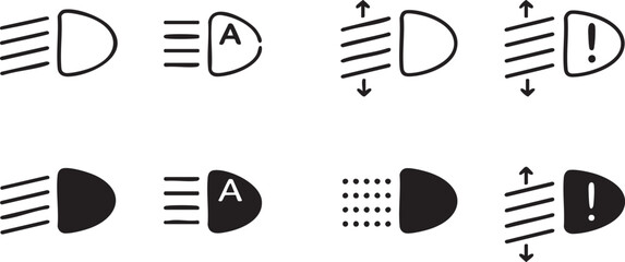 Collection of car headlight indicator icons including automatic light and high beam symbols for dashboard UI and automotive design isolated on white © Aliza