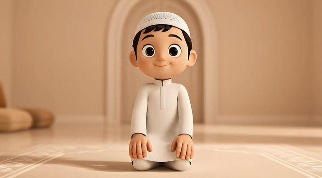 Cute cartoon boy wearing traditional Islamic clothing praying on a rug inside a mosque.