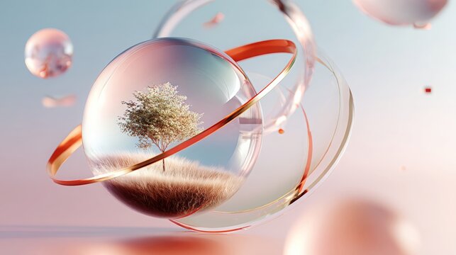 Tree cradled inside a hanging glass sphere with golden rings and floating orbs, a serene futuristic micro-world symbolizing fragile balance, conservation, and hopeful renewal