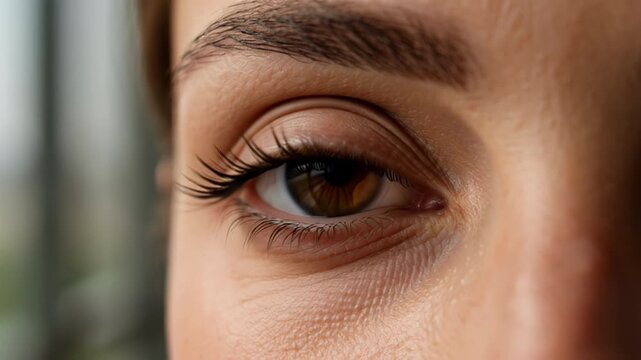 Close up portrait of a woman's eye showing lashes and eyebrow details.