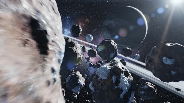 A cinematic deep space scene depicts asteroids hurtling through nebulae and planets