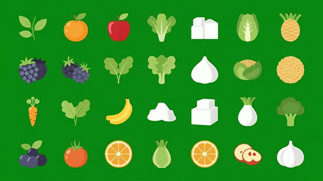 Pixel Art Healthy Food And Fruits Seamless Pattern Green Background