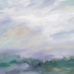 Obraz premium Impressionistic Colorful Soft Sunset Sunrise Cloudscape of Wispy Clouds in Sky Over Pine Tree Covered Forest-Digital Painting, Art, Illustration in Gray Purple, Lavender, Yellow & Green