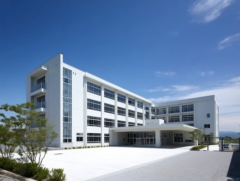 青空の下に建つモダンで清潔感のある白い校舎と広々とした中庭がある学校の外観風景