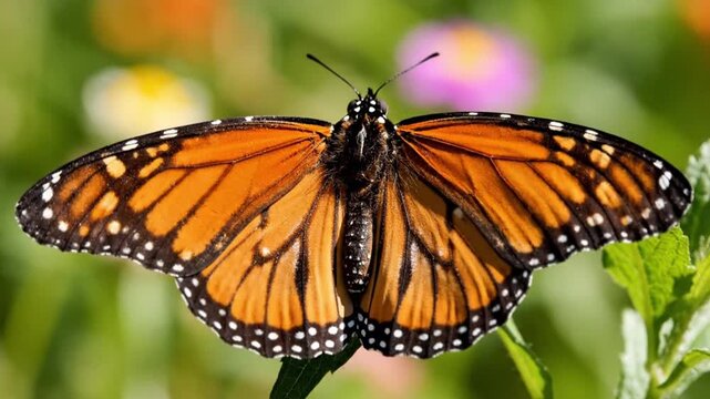 A monarch butterfly with orange wings and black veins perched on a flower in a lush garden viewed from the front