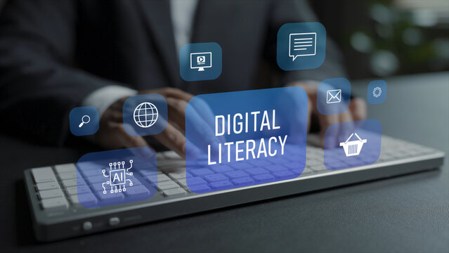 Digital literacy and technology skills concept. Person typing keyboard with online education and data icons, digital competence, information technology learning and workforce development.