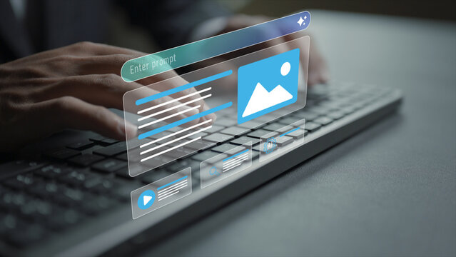SGE search generative experience concept. Person typing keyboard with AI search and data analysis icons, intelligent search engine, digital information discovery and AI powered results.