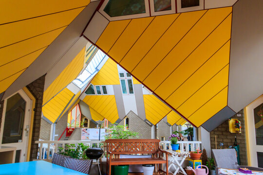 Yellow cube houses or Kubuswoningen in Dutch are a set of innovative houses designed by architect Piet Blom in Rotterdam, Netherlands