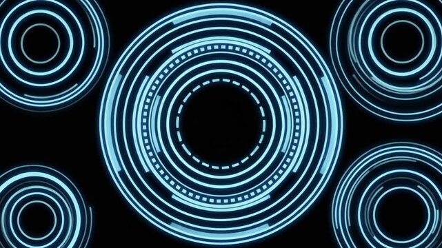 A futuristic digital design of concentric glowing blue circles on a black background, symbolizing technology, data visualization, and sci-fi inspired virtual environments.