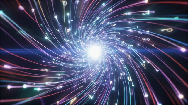 A swirling spiral vortex of glowing light and energy converging into a bright center, surrounded by particles and alphanumeric symbols, symbolizing data flow and cosmic convergence.