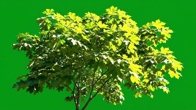 Lush green maple tree with vibrant leaves swaying gently in the sunlight on a chroma key background