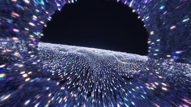 A dynamic cosmic illustration of a black hole with a dark event horizon, surrounded by multicolored light streaks and particles being drawn inward, symbolizing gravitational pull.