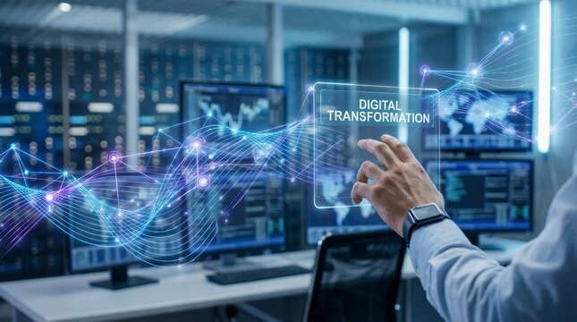 A person interacting with a digital interface in a modern office setting with a focus on digital transformation
