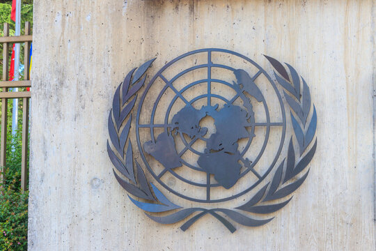 United Nations sign located outside the United Nations Office in Geneva, Switzerland