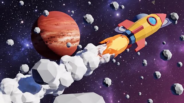Pixel Art Rocket Ship Flies Through Space Past Planets Asteroids