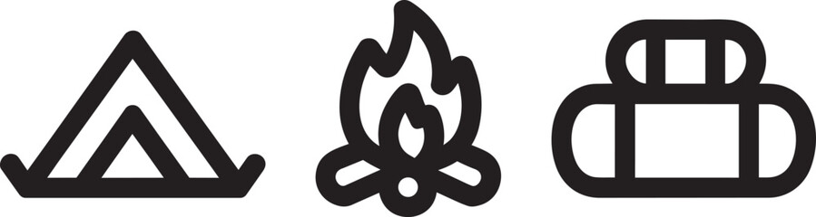 Camping tent campfire and sleeping roll icons for outdoor © Pappu0099