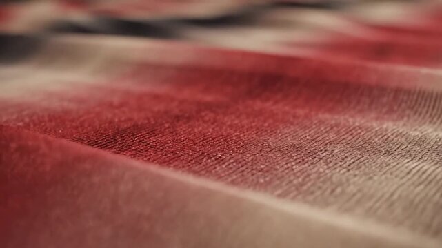 Closeup Macro Shot of Woven Fabric Texture with Red and Beige Hues.