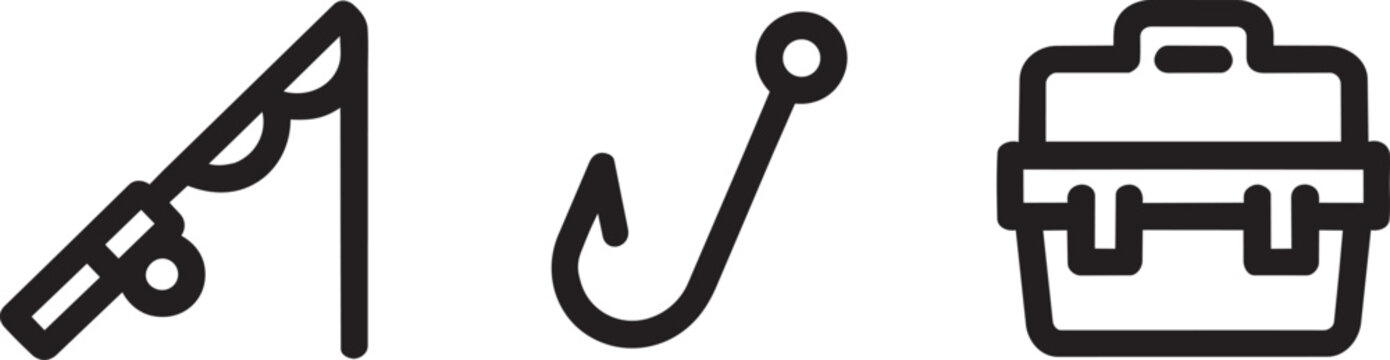 Fishing rod hook and tackle box icons for angling hobby