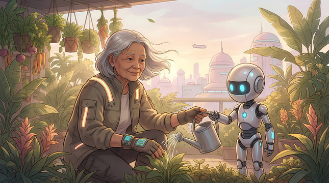 Friendly Robot Helping Elderly Woman Water Plants in Futuristic Urban Garden, AI Assistance and Sustainable Future Lifestyle Illustration
