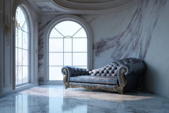 Ornate chaise lounge rests within a luxurious interior space featuring marble surfaces and tall arched windows