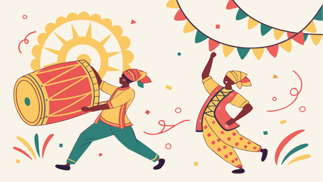 Vector illustration of two dancing men with drum and flag, colorful festival celebration